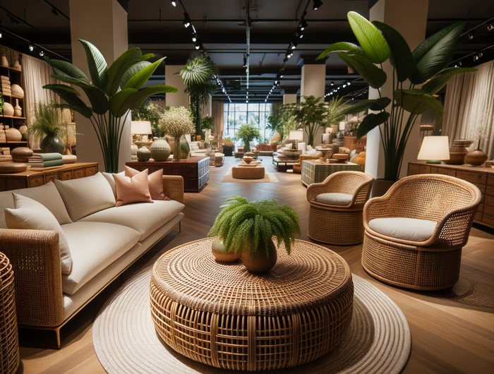 le magasin PailleUnivers un magasin de meubles haut de gamme mettant en avant une gamme de tables basses en rotin faites à la main. Le cadre est élégant, avec de grandes plantes vertes et des meubles en bois.