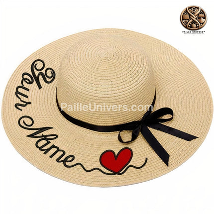 Chapeau De Paille Personnalisé Cur Brodé - Beige