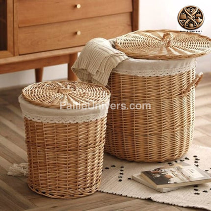 Panier À Linge En Osier<Br> Avec Couvercle Moyen Linge