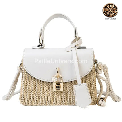 Sac À Bandoulière Fermeture Cadenas Doré Blanc En Paille