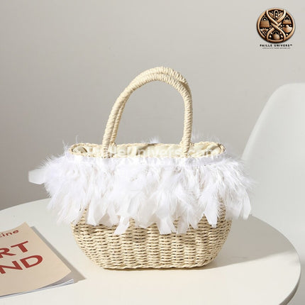 Sac De Plage Avec Plumes Beige Blanc En Paille