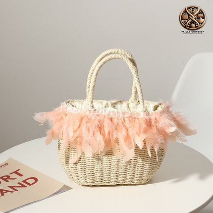 Sac De Plage Avec Plumes Beige Rose En Paille