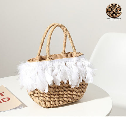 Sac De Plage Avec Plumes Brun Blanc En Paille