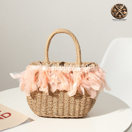 Sac De Plage Avec Plumes Brun Rose En Paille