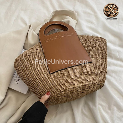 Sac De Plage Cuir Brun En Paille