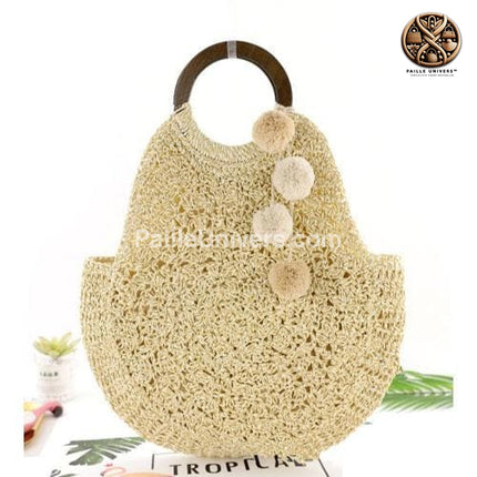 Sac De Plage En Paille Avec Pompon Beige