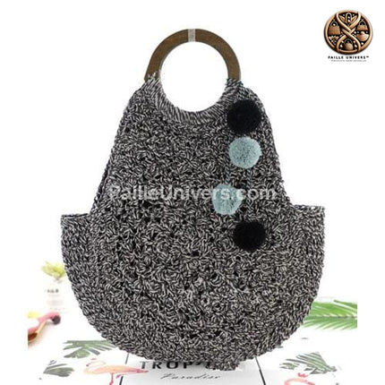 Sac De Plage En Paille Avec Pompon Black