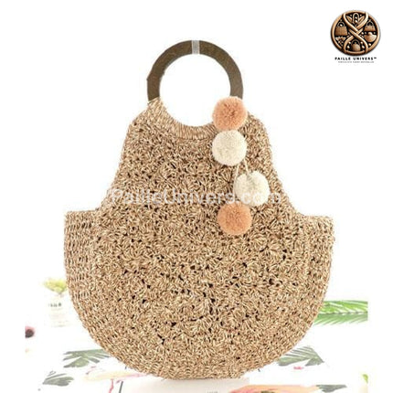 Sac De Plage En Paille Avec Pompon Brun