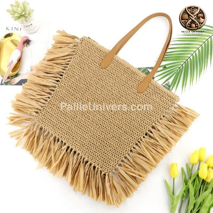 Sac De Plage Osier Franges Marron En