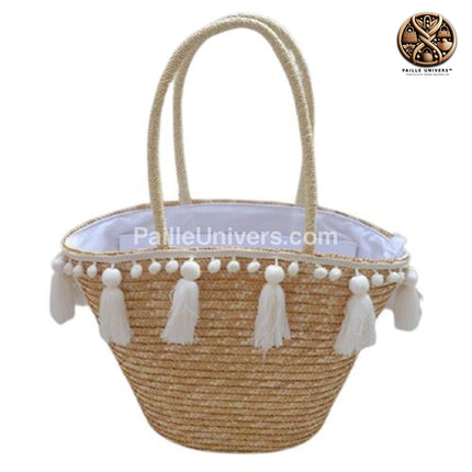 Sac De Plage Osier Pompon Blanc En