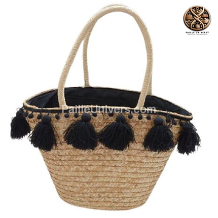 Sac De Plage Osier Pompon Noir En