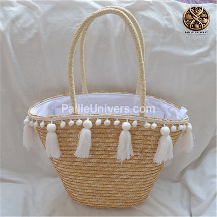 Sac De Plage Pompom Blanche En Paille