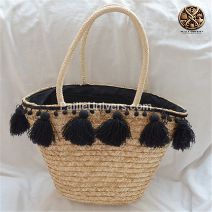 Sac De Plage Pompom Noir En Paille