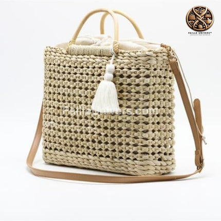 Sac En Osier Avec Pompon Beige Sac