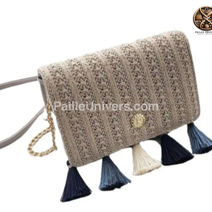 Sac Osier Avec Pompons Gris En