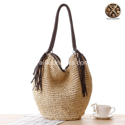 Sac Osier Rond Pompons Beige En