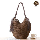 Sac Osier Rond Pompons Marron En