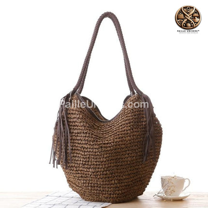 Sac Osier Rond Pompons Marron En