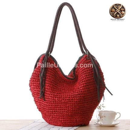 Sac Osier Rond Pompons Rouge En