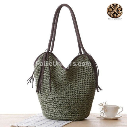 Sac Osier Rond Pompons Vert En