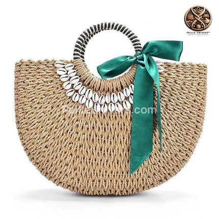 Sac Rond En Paille Anse Cercle Brun Foulard