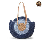 Sac Rond En Paille Avec Anse Cuir Bleu