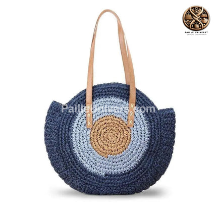 Sac Rond En Paille Avec Anse Cuir Bleu