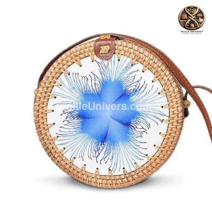 Sac Rond En Paille Fleur Bleu