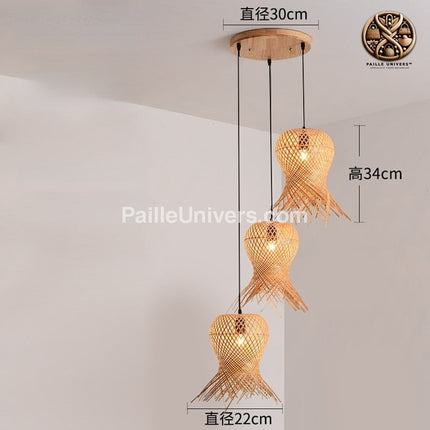 Suspension Rotin Bambou Osier Three Lights Suspensions